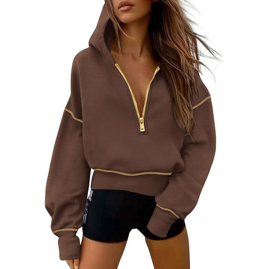 GRETEL - Stylish Hooded Sweatshirt with Zipper & Stitching Detail for Cropped Pullover