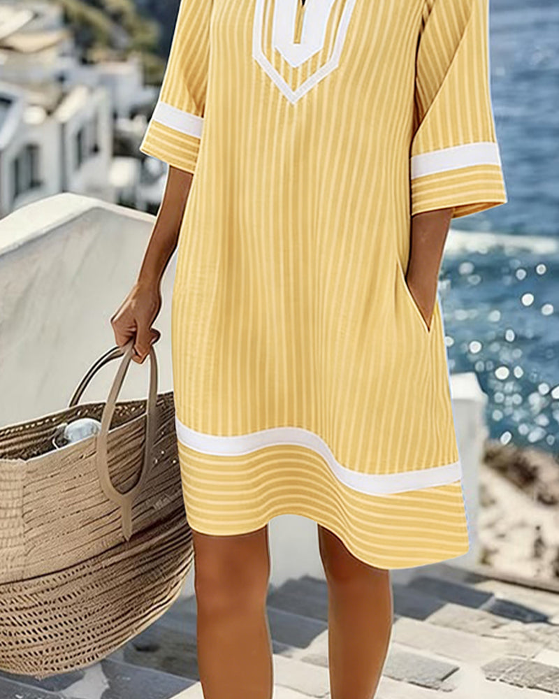 Mia™ Short Sleeve Striped Dress with V-Neck