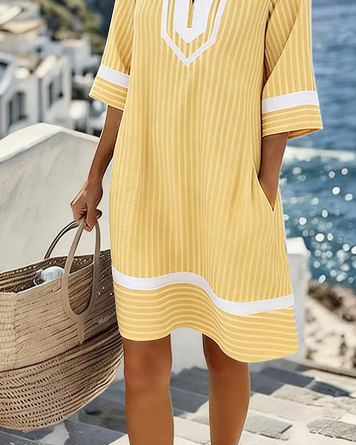 Mia™ Short Sleeve Striped Dress with V-Neck