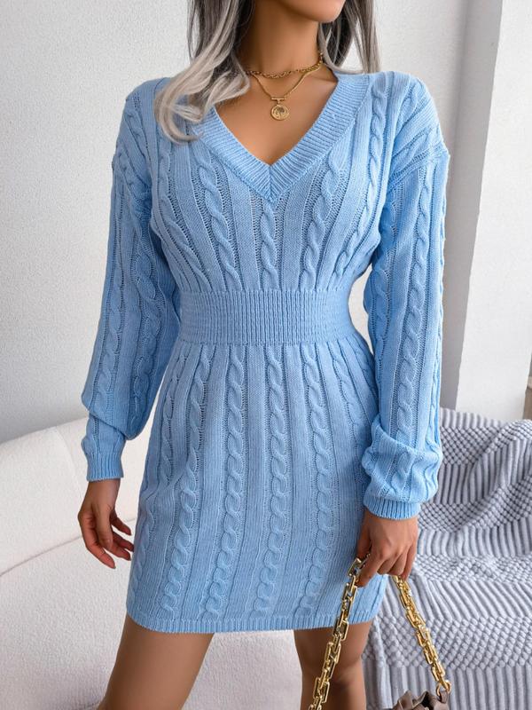 HOLLY - Cozy Long Sleeve V-Neck Cable Knit Sweater Dress