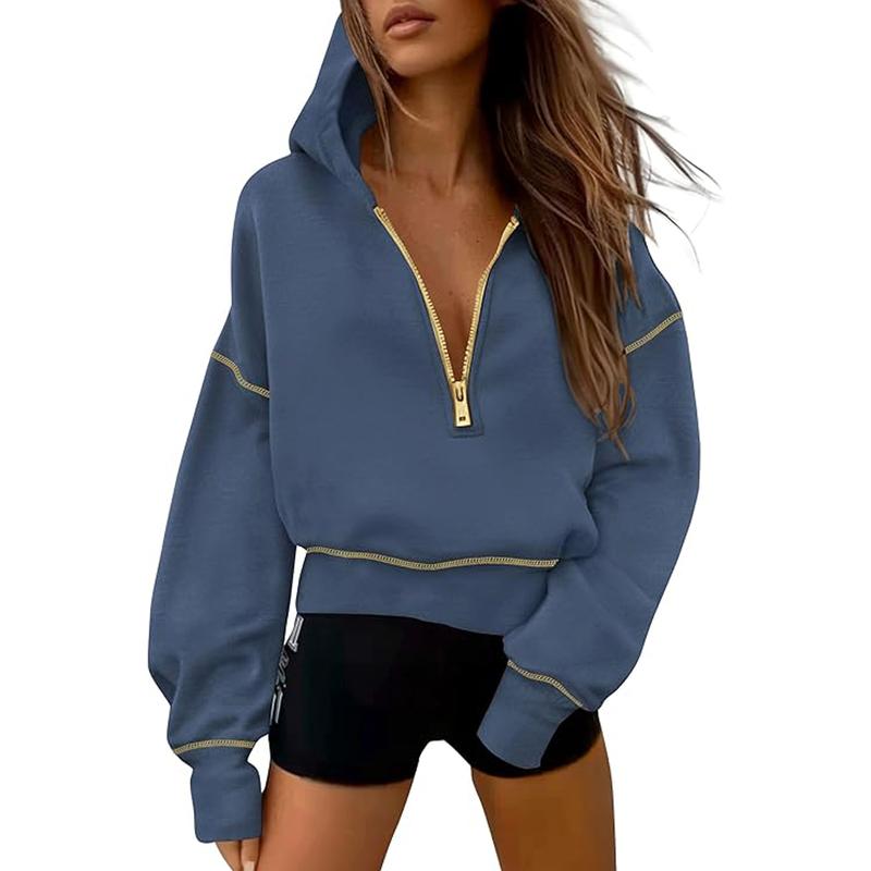 GRETEL - Stylish Hooded Sweatshirt with Zipper & Stitching Detail for Cropped Pullover