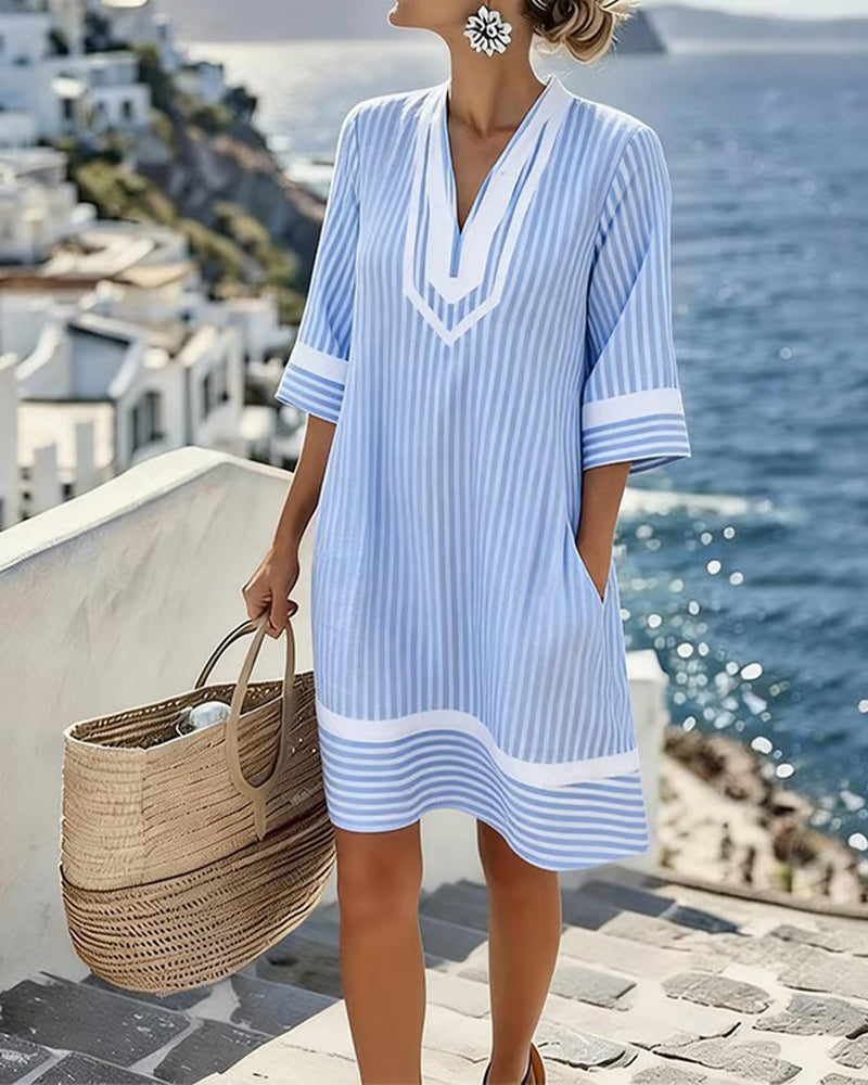 Mia™ Short Sleeve Striped Dress with V-Neck