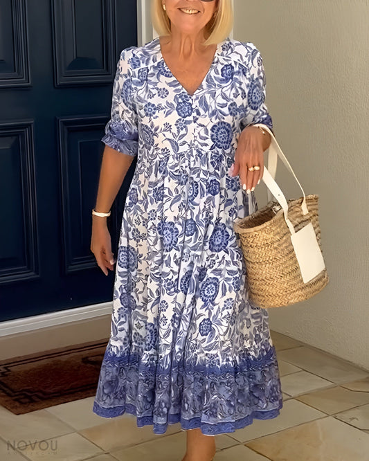 Elegant Floral V-Neck Dress for Women - Lightweight, Blue/White, Flowy