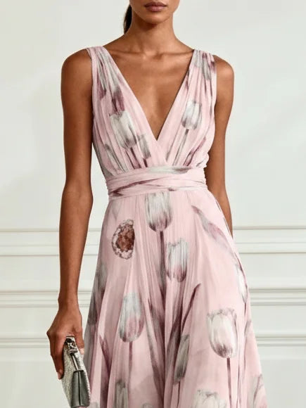 Edith™ - Elegant Tulip Print V-neck Maxi Dress