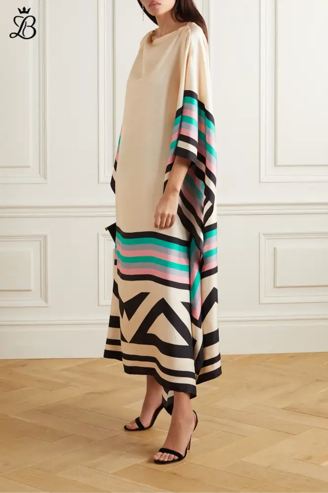 Elegant Geometric Print Caftan Dress – Loose Fit Lightweight Pink/Yellow/Black Apparel & Accessories > Clothing >
