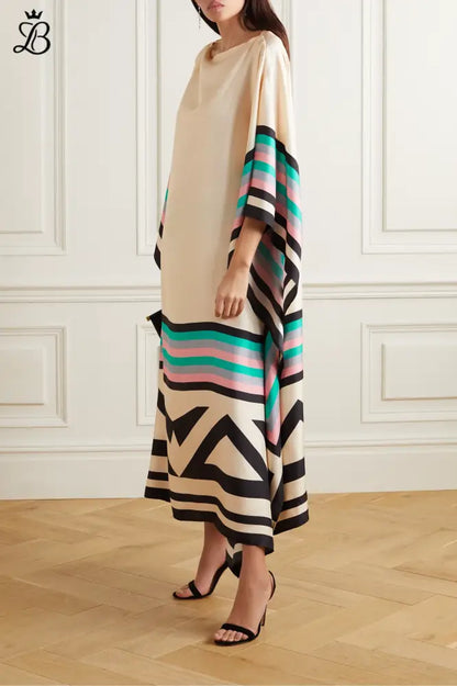 Elegant Geometric Print Caftan Dress – Loose Fit Lightweight Pink/Yellow/Black Apparel & Accessories > Clothing >