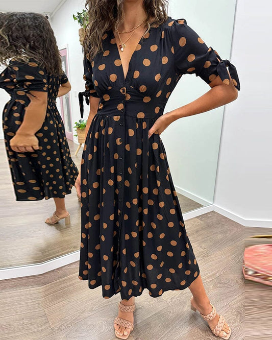 Dotted Midi Dress with Deep V Neckline – Black/Brown, Lightweight, Summer Style