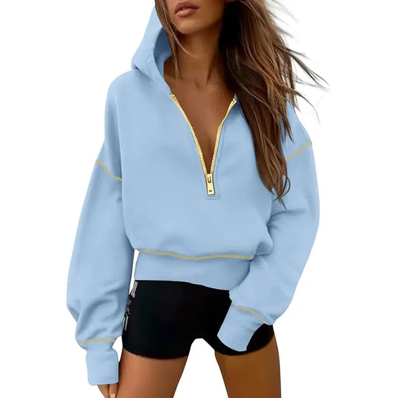 GRETEL - Stylish Hooded Sweatshirt with Zipper & Stitching Detail for Cropped Pullover
