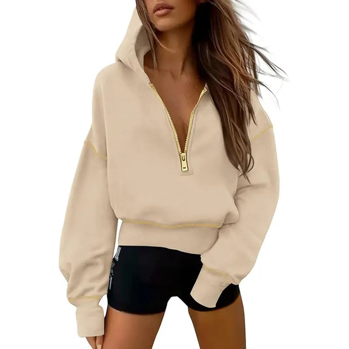 GRETEL - Stylish Hooded Sweatshirt with Zipper & Stitching Detail for Cropped Pullover