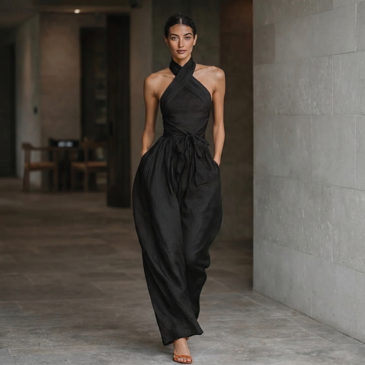 Emily™ - Navy Blue Linen Cross Halter Wide-Leg Jumpsuit