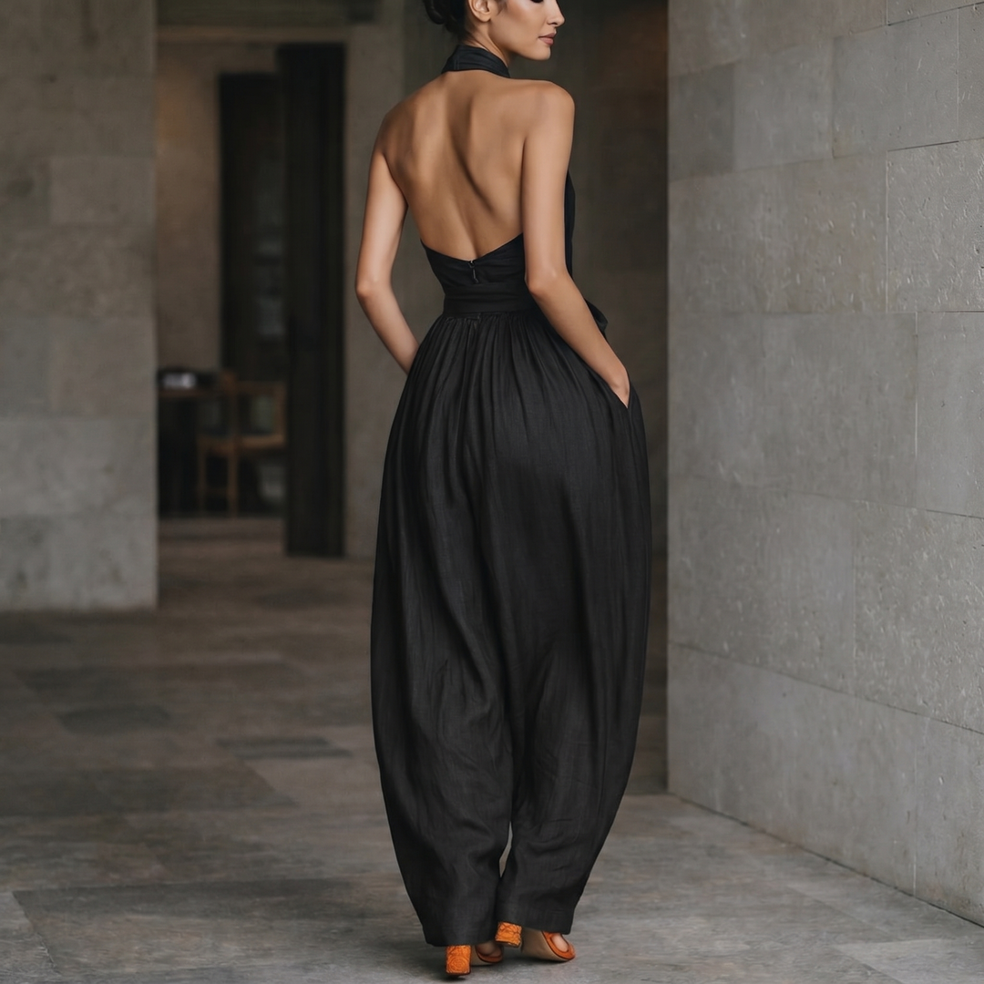 Emily™ - Navy Blue Linen Cross Halter Wide-Leg Jumpsuit