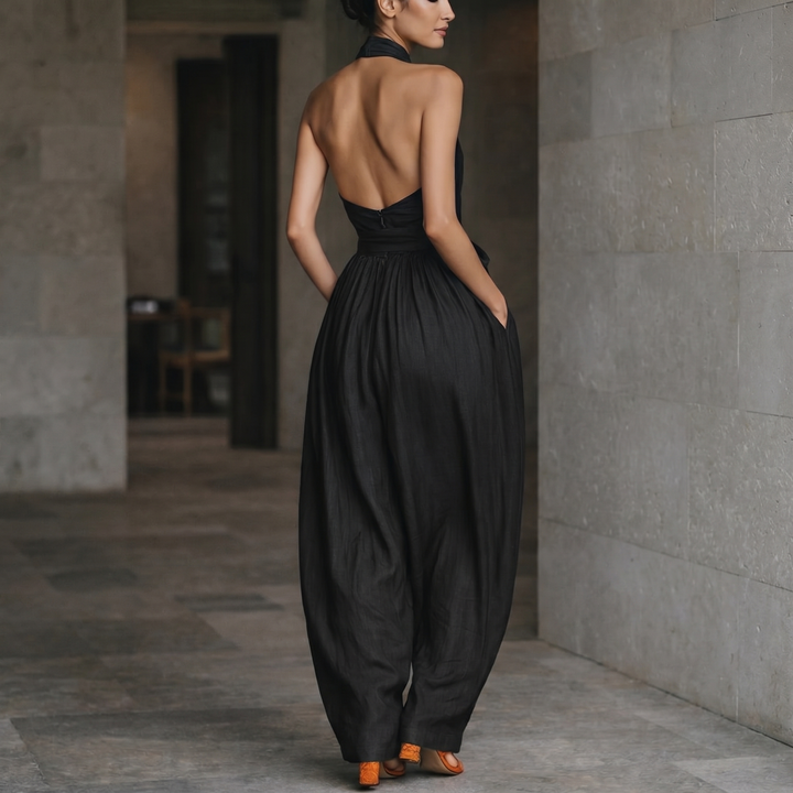 Emily™ - Navy Blue Linen Cross Halter Wide-Leg Jumpsuit