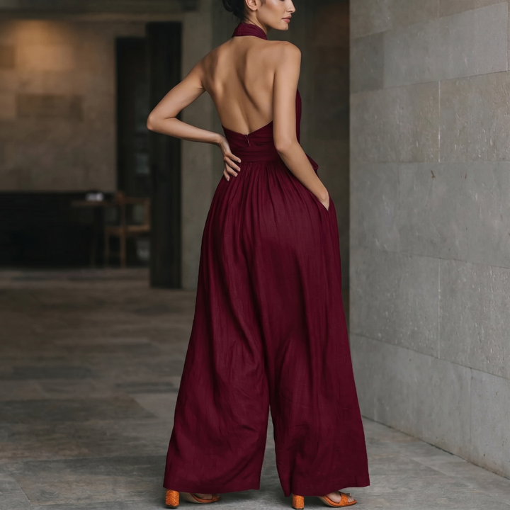 Emily™ - Navy Blue Linen Cross Halter Wide-Leg Jumpsuit