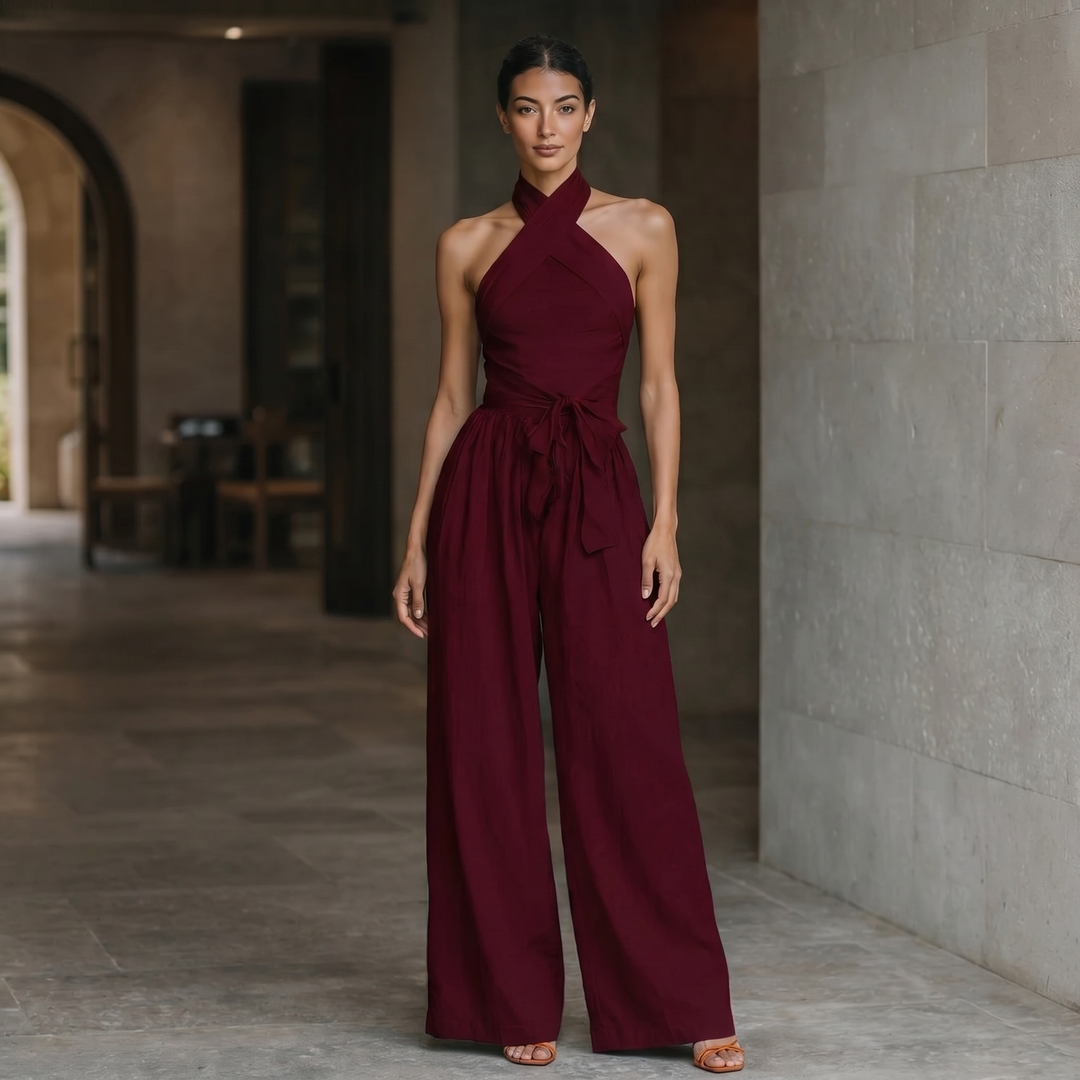 Emily™ - Navy Blue Linen Cross Halter Wide-Leg Jumpsuit