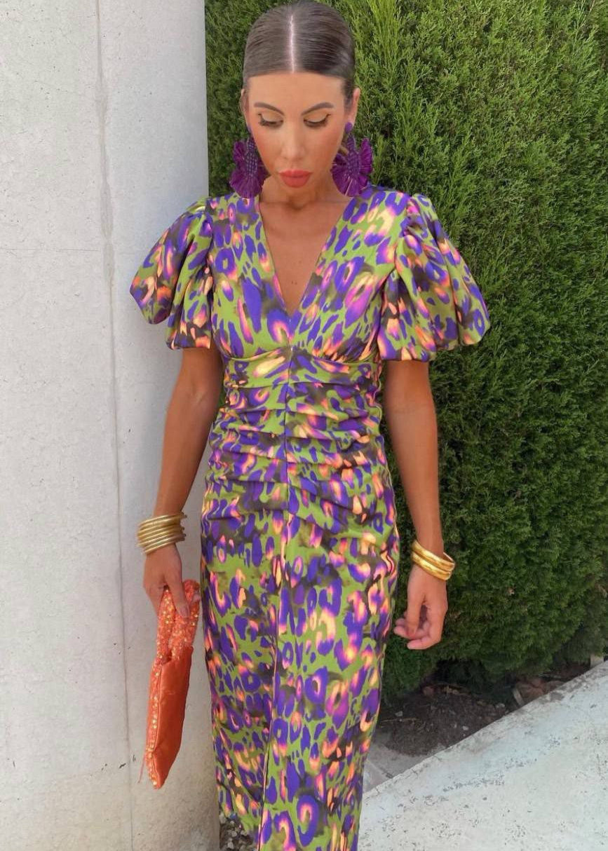 Vibrant Puff Sleeve Midi Dress - Multicolor Abstract Print, Flattering Waist, V-Neck