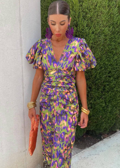 Vibrant Puff Sleeve Midi Dress - Multicolor Abstract Print, Flattering Waist, V-Neck