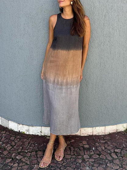 Elegant Print Midi Dress – Sleeveless, Lightweight, Ombre Pattern, Summer/Party Wear