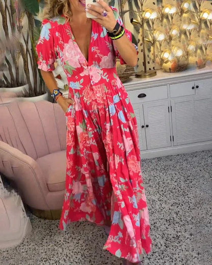 Long Floral V-Neck Dress with Pockets – Flowy Summer Maxi, Comfortable Fit