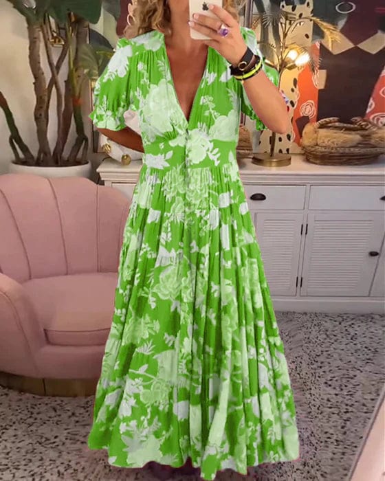 Long Floral V-Neck Dress with Pockets – Flowy Summer Maxi, Comfortable Fit