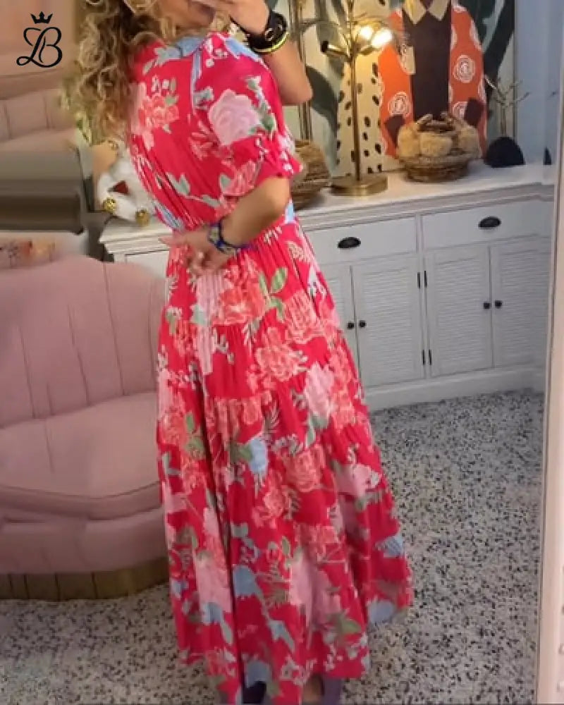 Long Floral V-Neck Dress with Pockets – Flowy Summer Maxi Comfortable Fit Apparel & Accessories > Clothing > Dresses