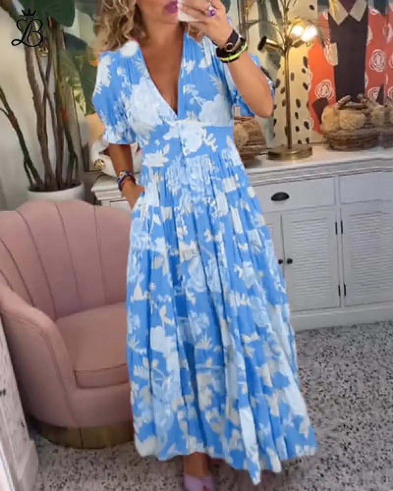 Long Floral V-Neck Dress with Pockets – Flowy Summer Maxi Comfortable Fit Apparel & Accessories > Clothing > Dresses