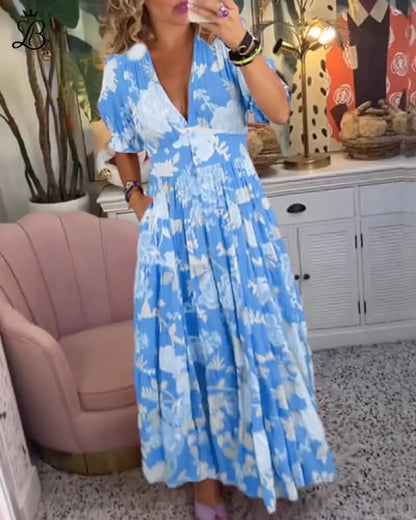 Long Floral V-Neck Dress with Pockets – Flowy Summer Maxi Comfortable Fit Apparel & Accessories > Clothing > Dresses