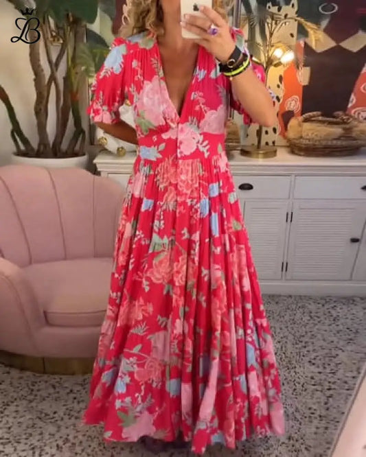 Long Floral V-Neck Dress with Pockets – Flowy Summer Maxi Comfortable Fit Apparel & Accessories > Clothing > Dresses