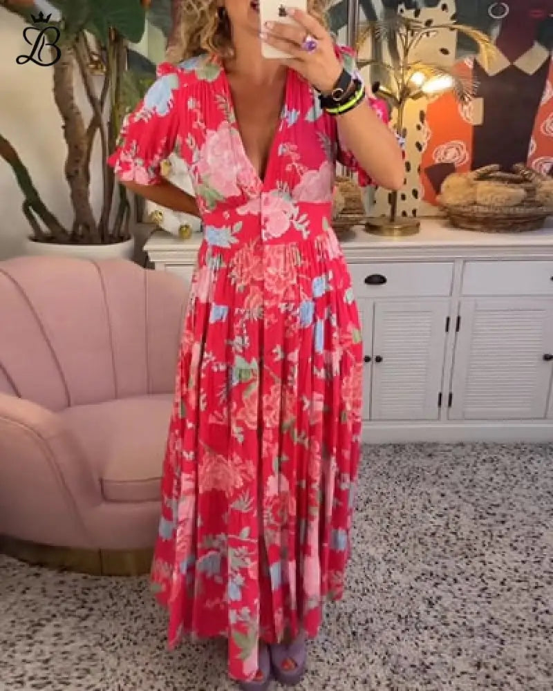 Long Floral V-Neck Dress with Pockets – Flowy Summer Maxi Comfortable Fit Apparel & Accessories > Clothing > Dresses