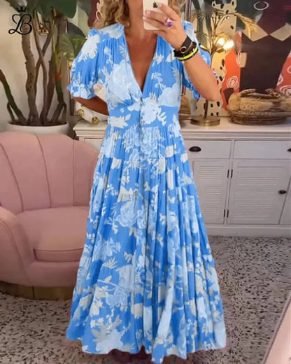Long Floral V-Neck Dress with Pockets – Flowy Summer Maxi Comfortable Fit Blue / XS Apparel & Accessories > Clothing >