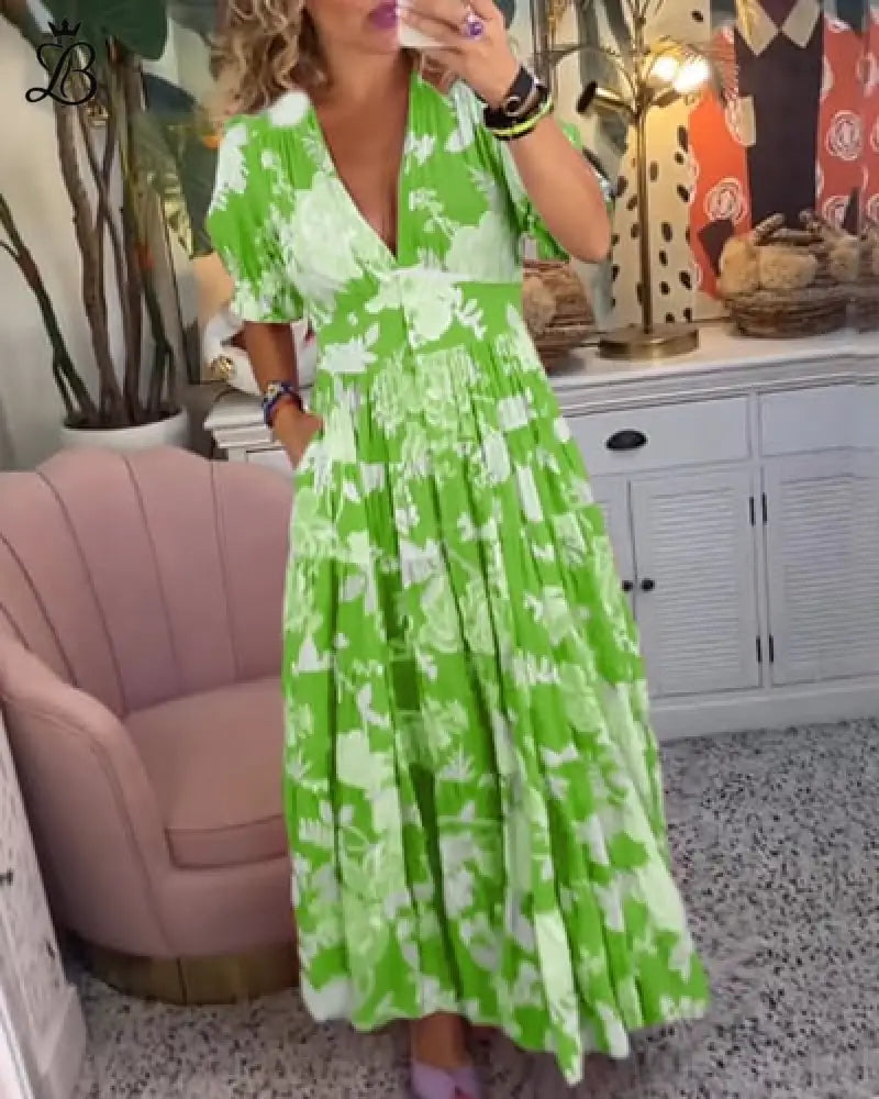 Long Floral V-Neck Dress with Pockets – Flowy Summer Maxi Comfortable Fit Green / XS Apparel & Accessories > Clothing >