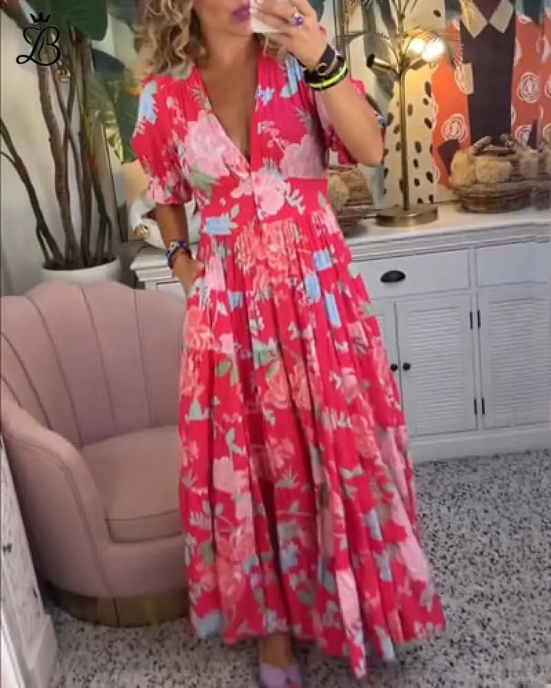 Long Floral V-Neck Dress with Pockets – Flowy Summer Maxi Comfortable Fit Pink / XS Apparel & Accessories > Clothing >