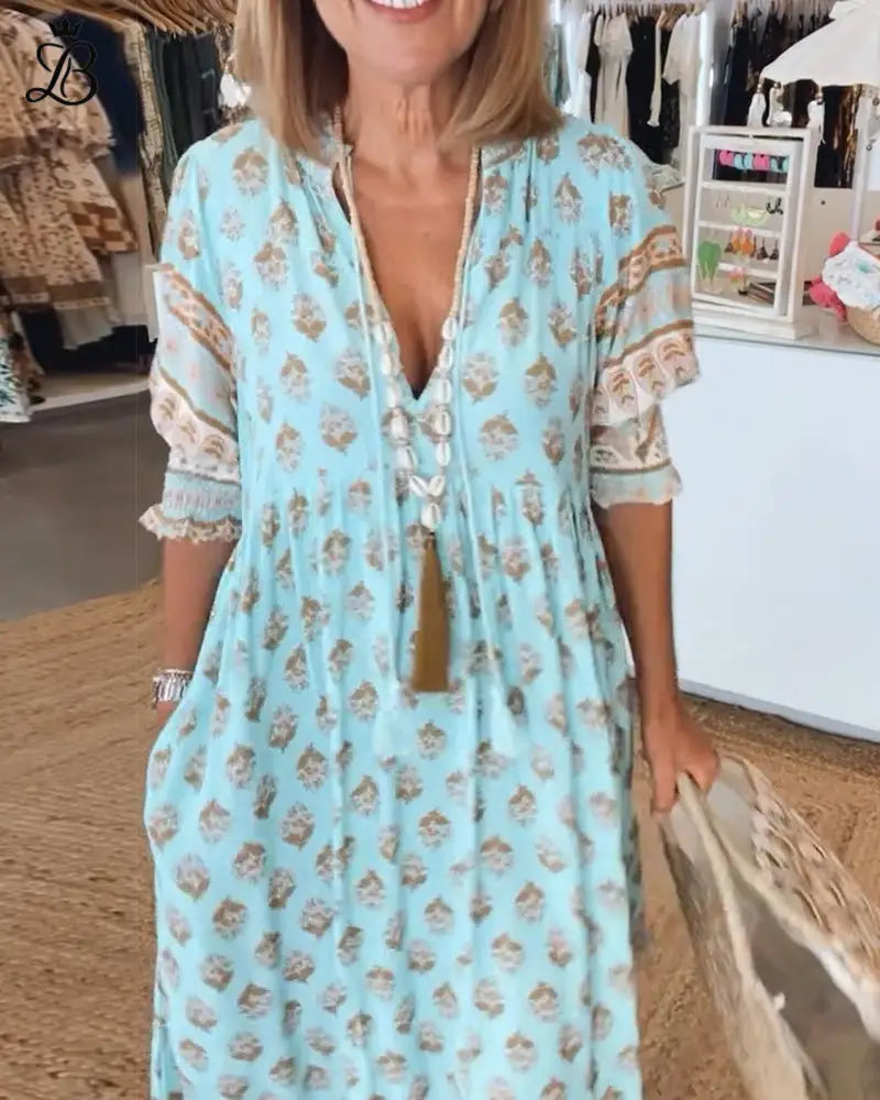 Loose Fit Printed Casual Dress for Women - Summer Lightweight Maxi Lightblue / XS Apparel & Accessories > Clothing >