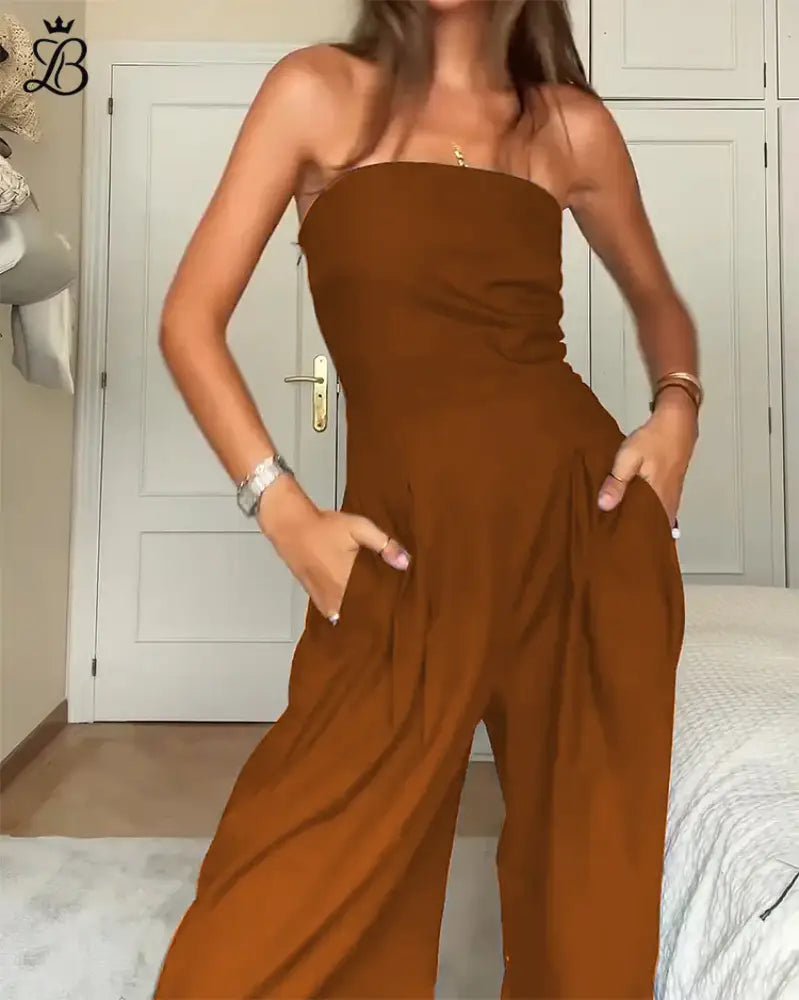 Off-Shoulder Jumpsuit for Women - Wide Leg Brown Elegant Evening & Daywear Apparel & Accessories > Clothing >