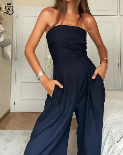 Off-Shoulder Jumpsuit for Women - Wide Leg Brown Elegant Evening & Daywear Blue / XS Apparel & Accessories > Clothing >
