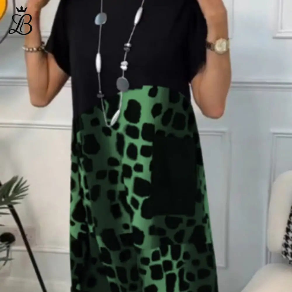 Printed Short Sleeve Dress with Round Neck and Animal Pattern Black/Gray Green / XS Apparel & Accessories > Clothing >