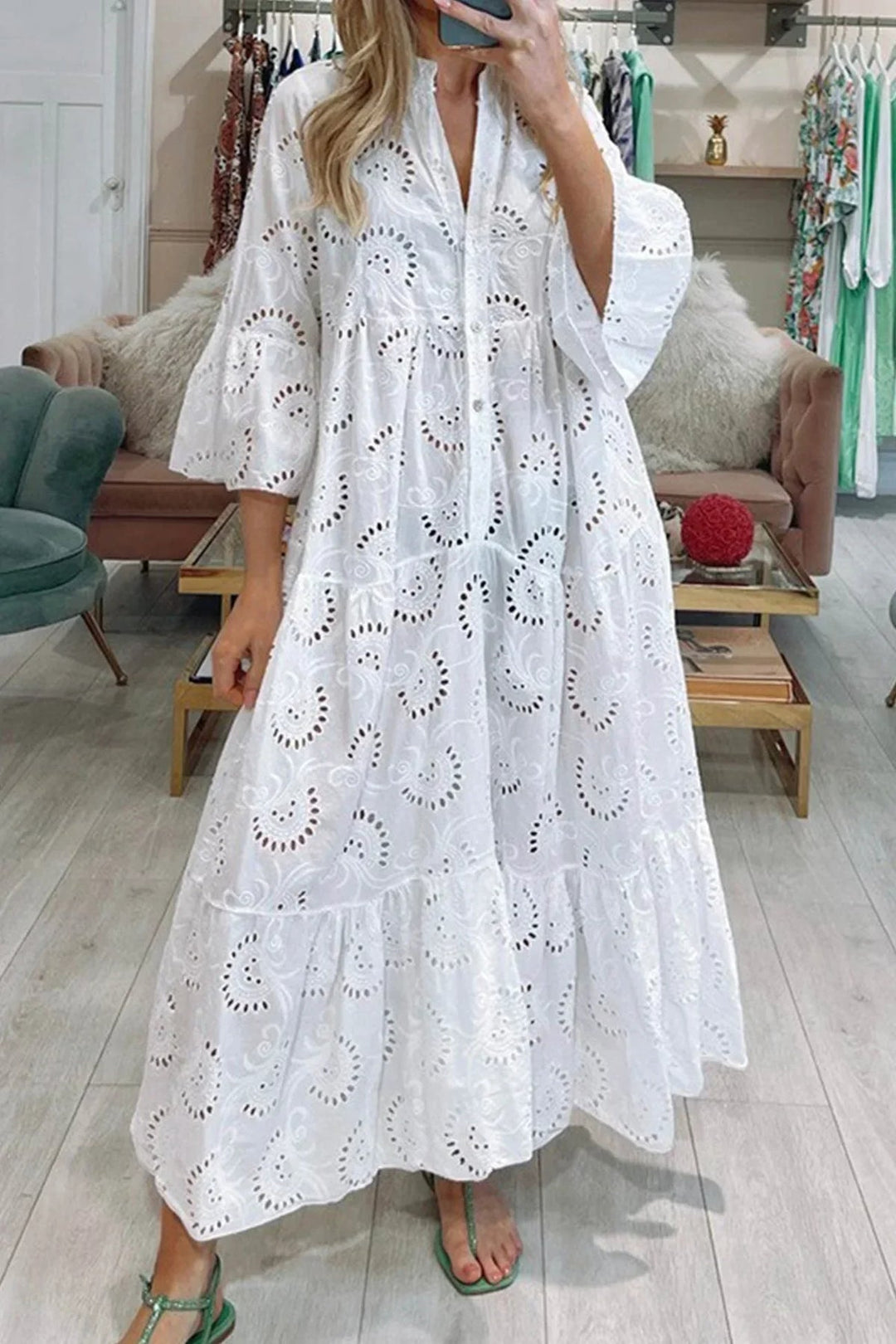 Elowen™ | Broderie V-Neck Maxi Dress