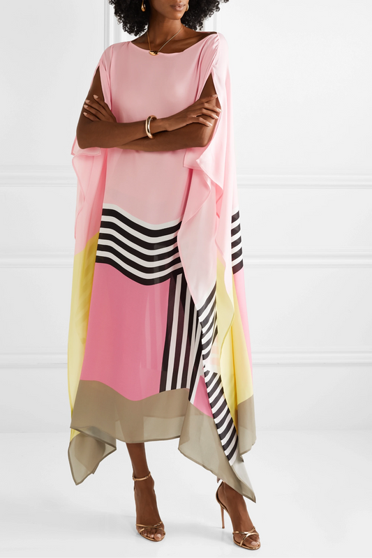 Elegant Geometric Print Caftan Dress – Loose Fit, Lightweight, Pink/Yellow/Black