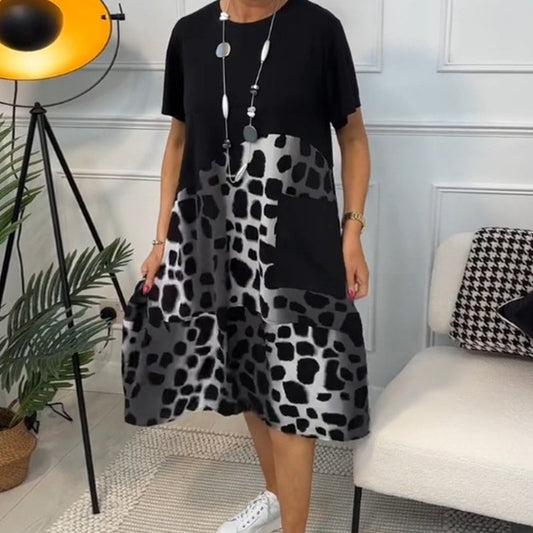 Printed Short Sleeve Dress with Round Neck and Animal Pattern, Black/Gray