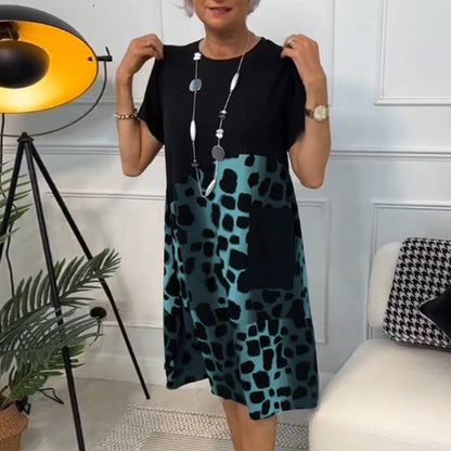 Printed Short Sleeve Dress with Round Neck and Animal Pattern, Black/Gray