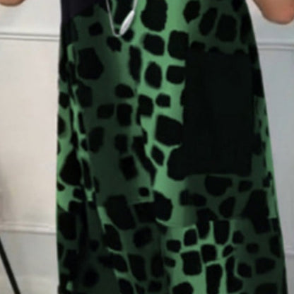 Printed Short Sleeve Dress with Round Neck and Animal Pattern, Black/Gray