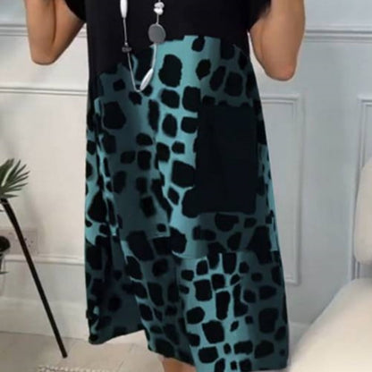 Printed Short Sleeve Dress with Round Neck and Animal Pattern, Black/Gray
