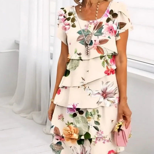 Floral Pleated Ruffle Dress - Short Sleeve, Lightweight, Elegant Layered