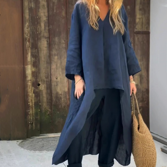 2-Piece V-Neck Relaxed Set with Pockets - Navy Blue Linen Blend Apparel & Accessories > Clothing > Outfit Sets