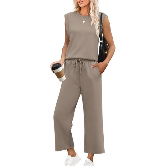 Women's Casual Sleeveless Top and Wide Leg Pants Set - Relaxed Fit, Summer, Soft Fabric