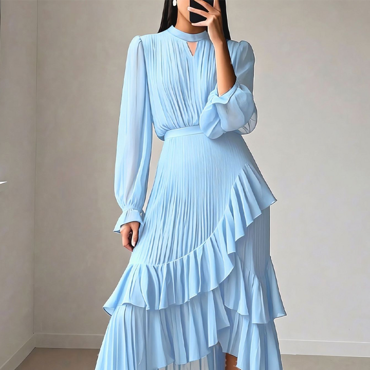 Elegant pleated midi dress with ruffles