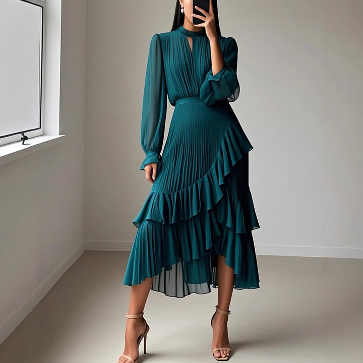 Elegant pleated midi dress with ruffles